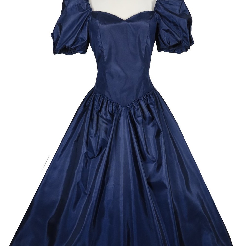Vintage 80s Navy Blue Taffeta Puff Sleeve Full Skirt Hi Lo Prom Party Dress XS - Picture 8 of 10